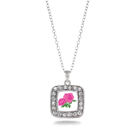 Silver Pink Rose Square Charm Classic Necklace