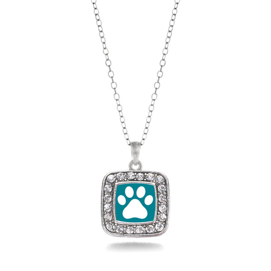 Silver Pretty Paw Print Square Charm Classic Necklace