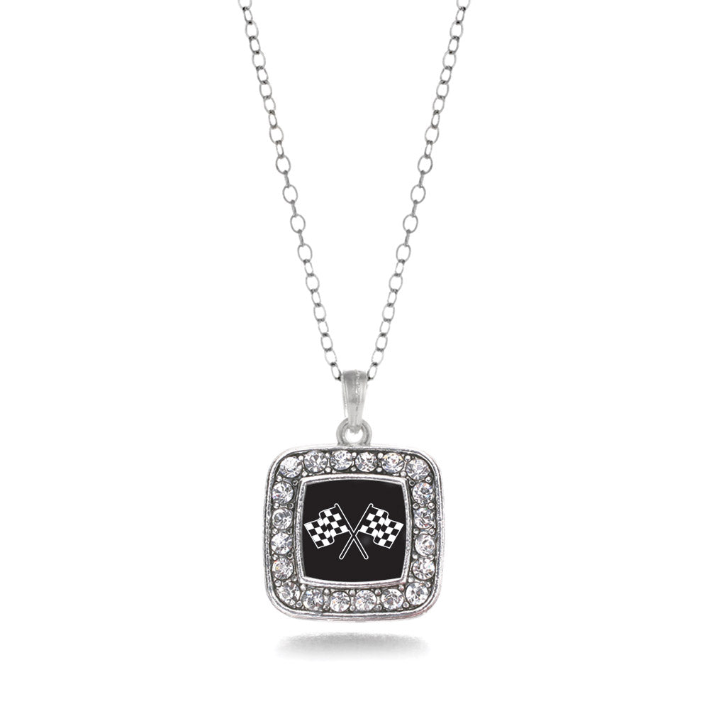 Silver Racing Flags Square Charm Classic Necklace