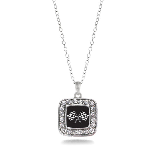 Silver Racing Flags Square Charm Classic Necklace