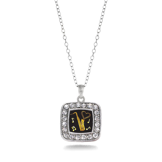 Silver Saxophone Square Charm Classic Necklace