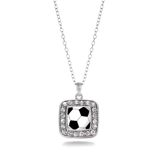Silver Soccer Square Charm Classic Necklace