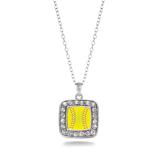 Silver Softball Square Charm Classic Necklace