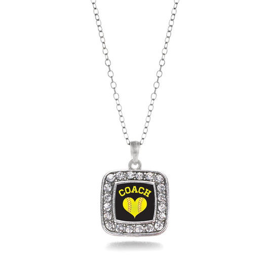 Silver Softball Coach Square Charm Classic Necklace