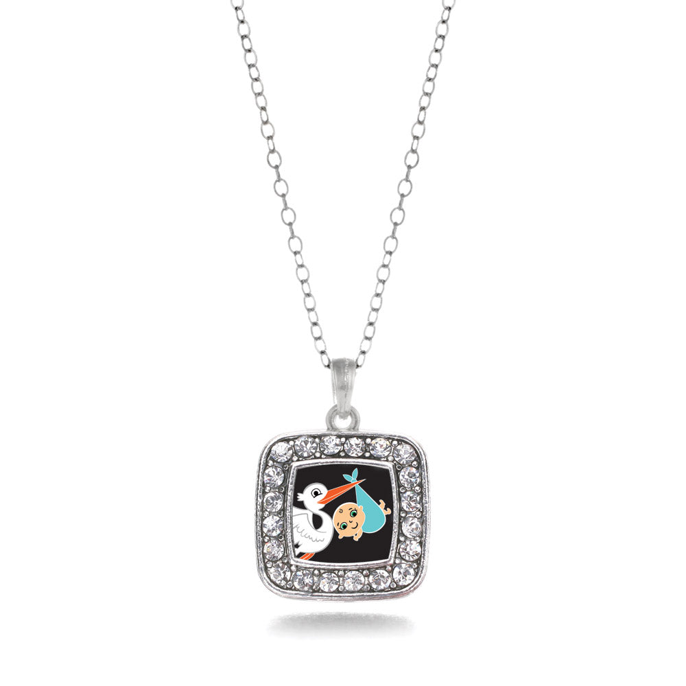 Silver Stork Brings A Boy Square Charm Classic Necklace
