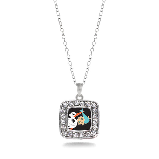 Silver Stork Brings A Boy Square Charm Classic Necklace