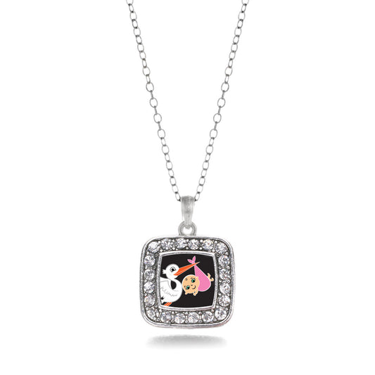 Silver Stork Brings A Girl Square Charm Classic Necklace