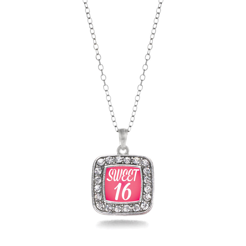 Silver Sweet Sixteen Square Charm Classic Necklace