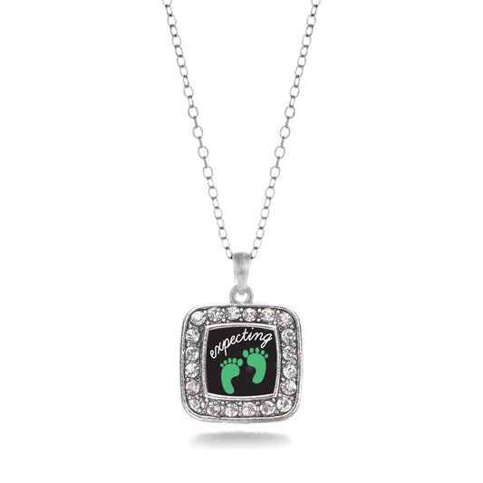 Silver We're Expecting! Footprints Square Charm Classic Necklace