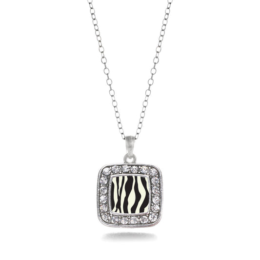 Silver Zebra Print Square Charm Classic Necklace
