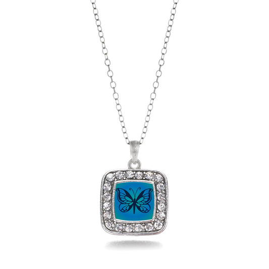 Silver Blue Butterfly Square Charm Classic Necklace
