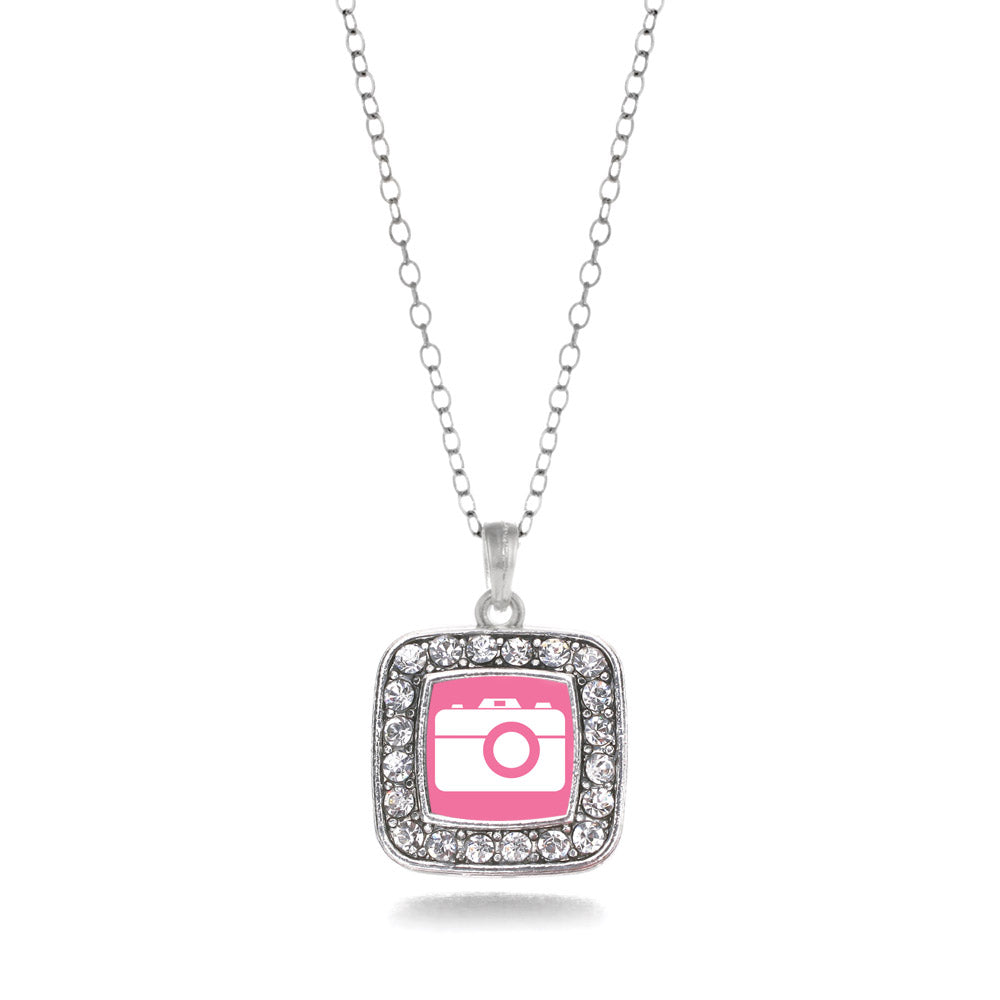 Silver Pink Camera Square Charm Classic Necklace