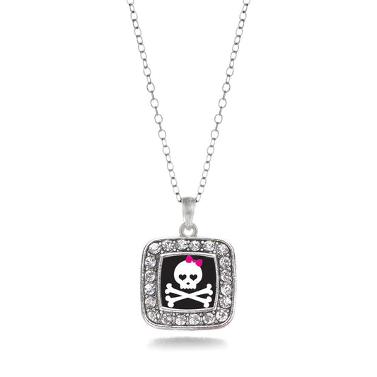 Silver Cute Skull And Crossbones Square Charm Classic Necklace