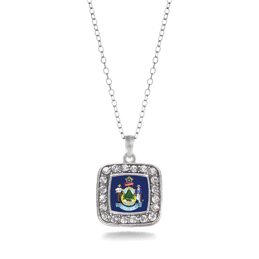 Silver Maine Flag Square Charm Classic Necklace