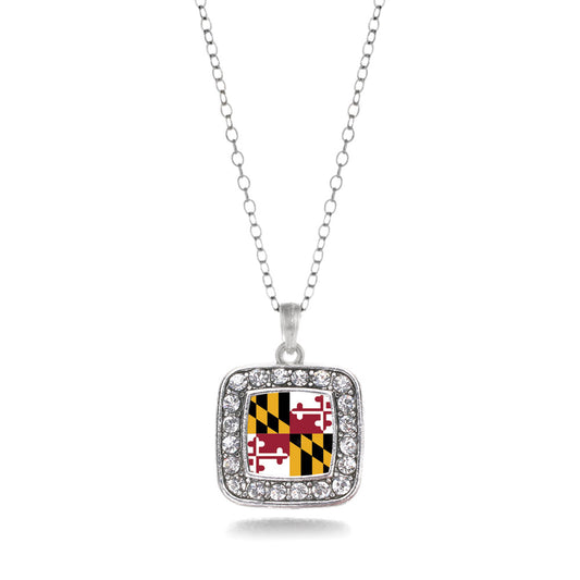 Silver Maryland Flag Square Charm Classic Necklace