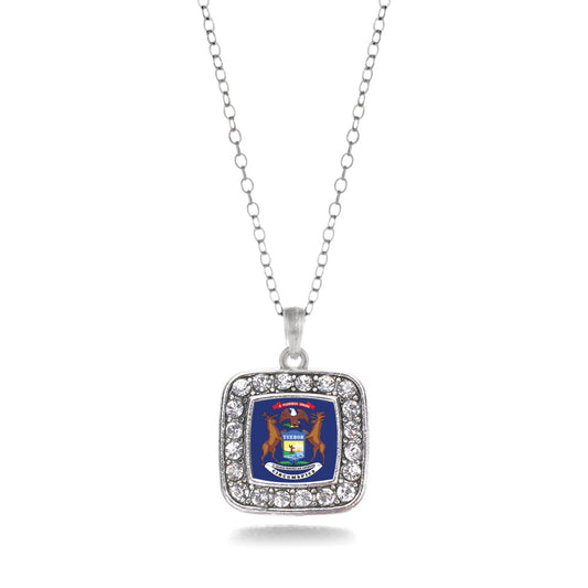 Silver Michigan Flag Square Charm Classic Necklace