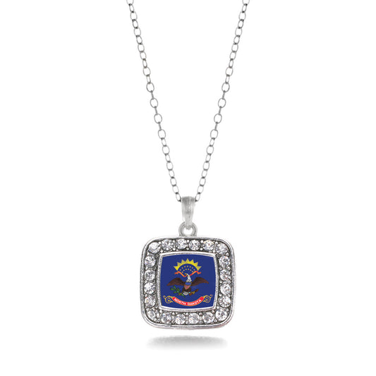 Silver North Dakota Flag Square Charm Classic Necklace