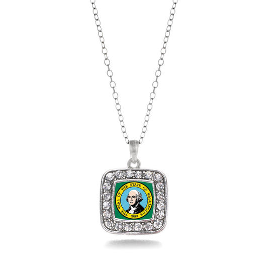 Silver Washington Flag Square Charm Classic Necklace