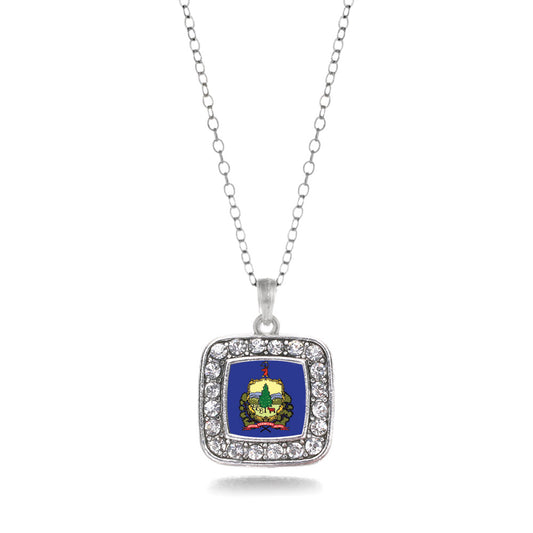 Silver Vermont Flag Square Charm Classic Necklace
