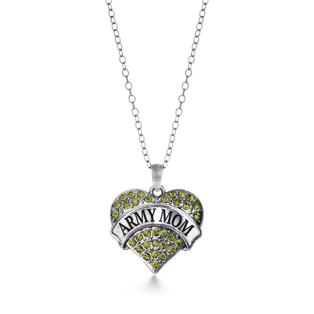 Silver Army Mom Green Pave Heart Charm Classic Necklace
