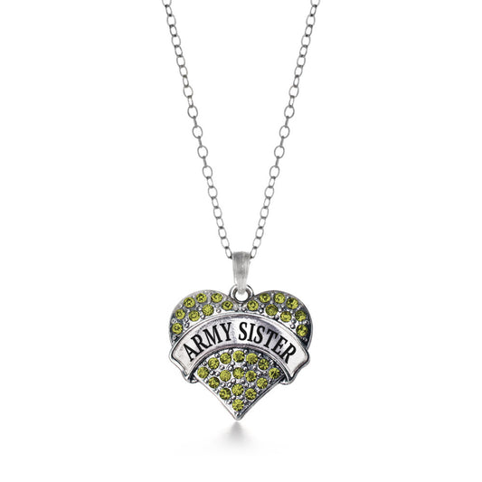 Silver Army Sister Green Pave Heart Charm Classic Necklace