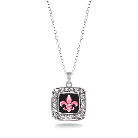 Silver Fleur De Lis Square Charm Classic Necklace