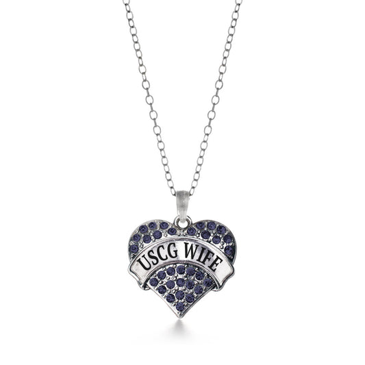 Silver USCG Wife Blue Pave Heart Charm Classic Necklace