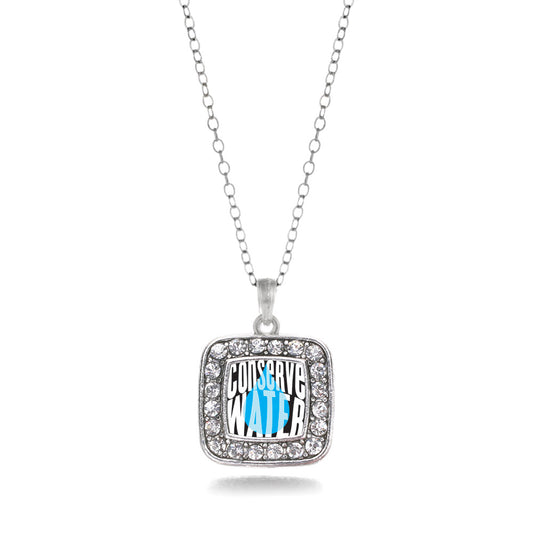Silver Conserve Water Square Charm Classic Necklace