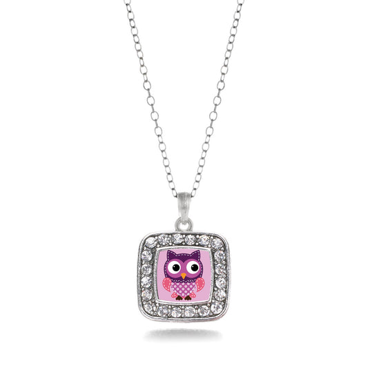 Silver Cute Owl Square Charm Classic Necklace