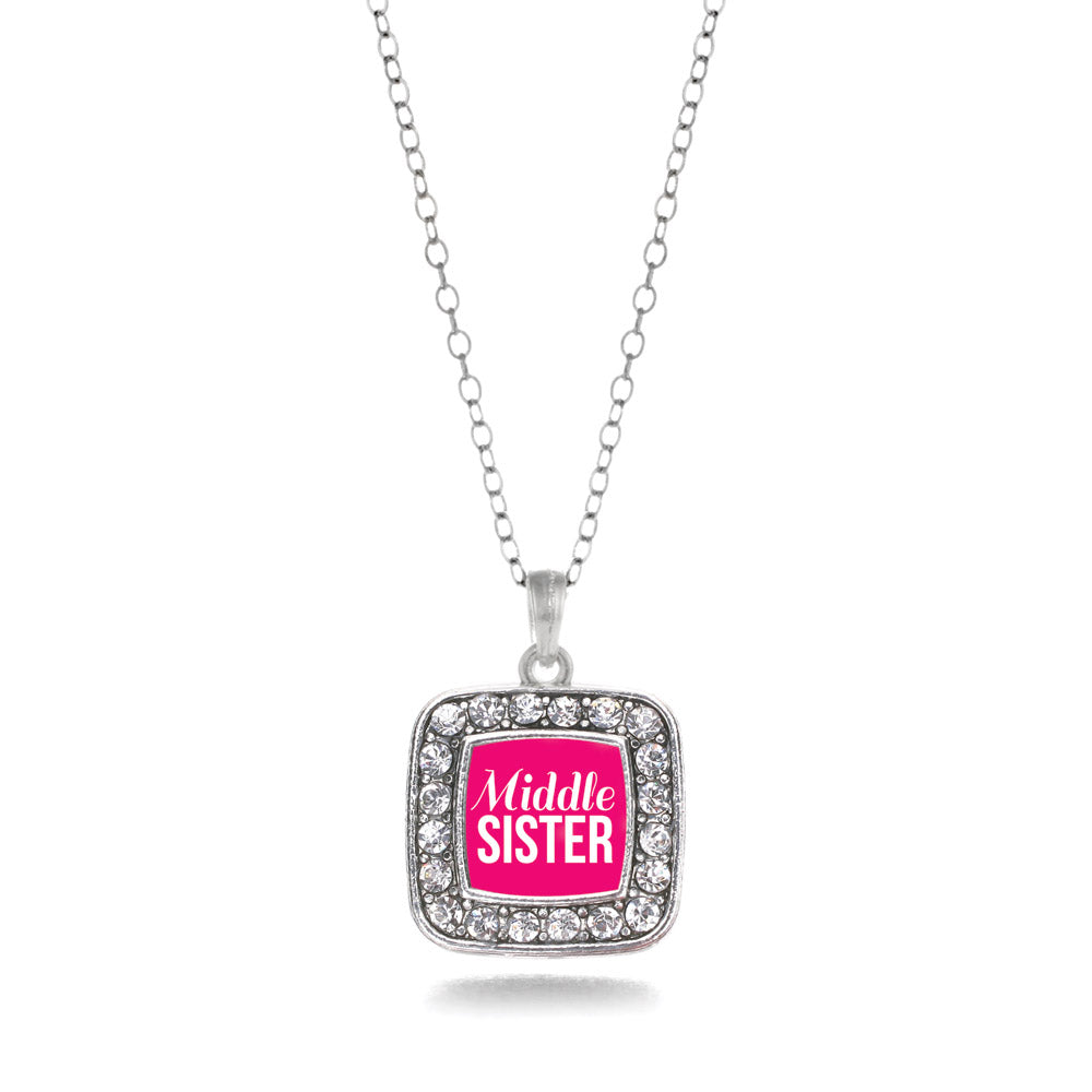 Silver Middle Sister Square Charm Classic Necklace
