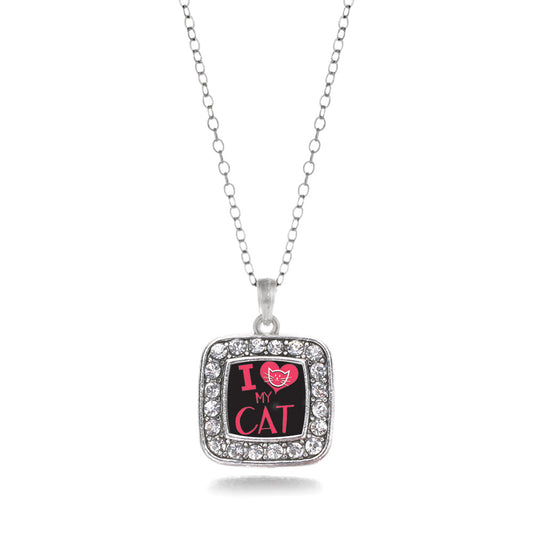 Silver I Love My Cat Square Charm Classic Necklace