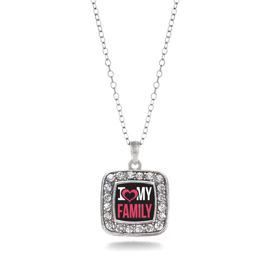 Silver I Love My Family Square Charm Classic Necklace