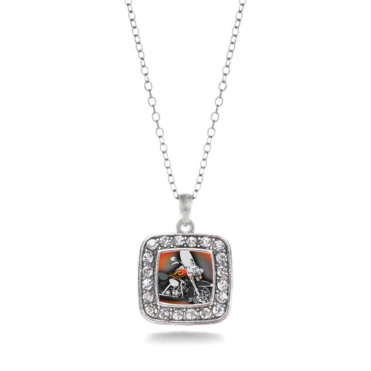 Silver Motorcycle Lovers Square Charm Classic Necklace