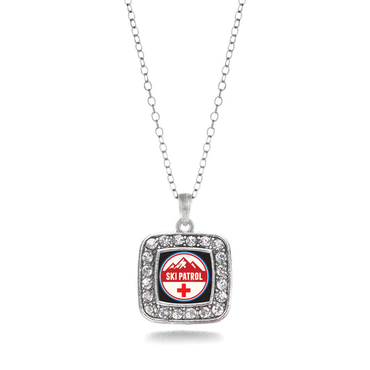 Silver Ski Patrol Square Charm Classic Necklace