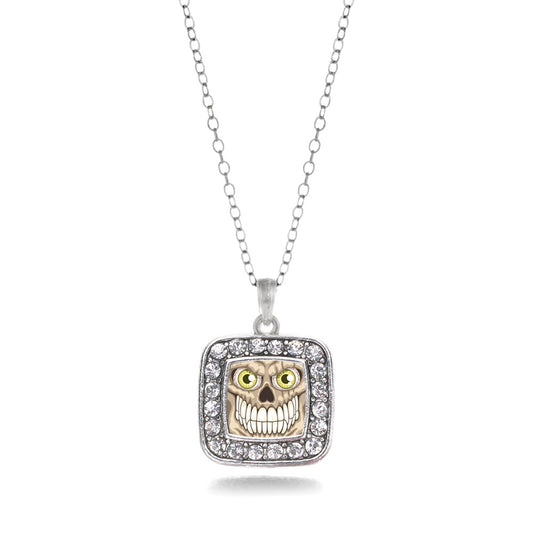 Silver Grinning Skull Square Charm Classic Necklace