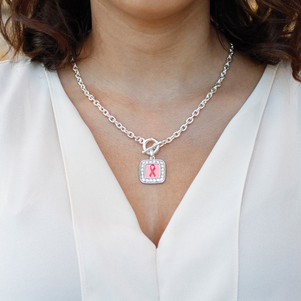 Silver Breast Cancer Square Charm Toggle Necklace