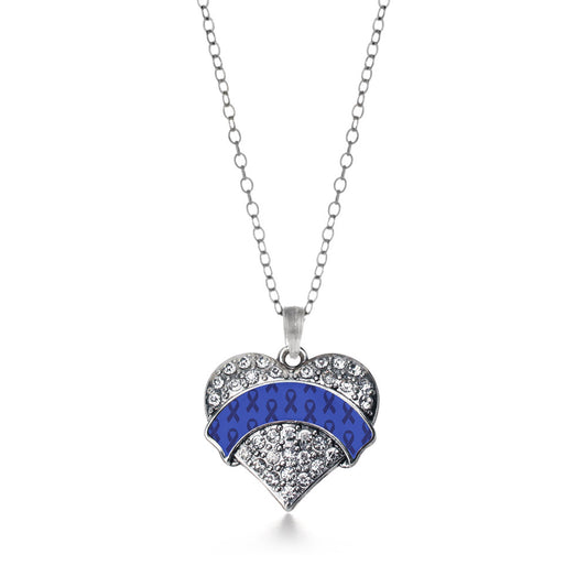 Silver Blue Ribbon Support Pave Heart Charm Classic Necklace