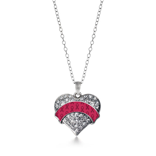 Silver Burgundy Ribbon Support Pave Heart Charm Classic Necklace