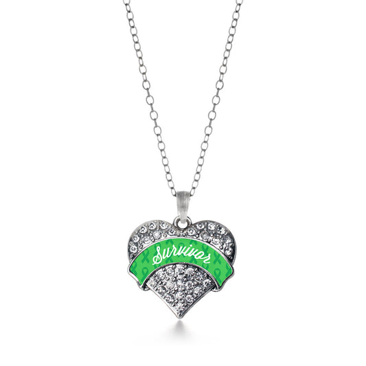 Silver Green Survivor Pave Heart Charm Classic Necklace