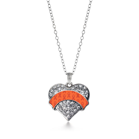 Silver Orange Ribbon Support Pave Heart Charm Classic Necklace