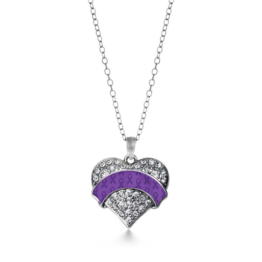 Silver Purple Ribbon Support Pave Heart Charm Classic Necklace