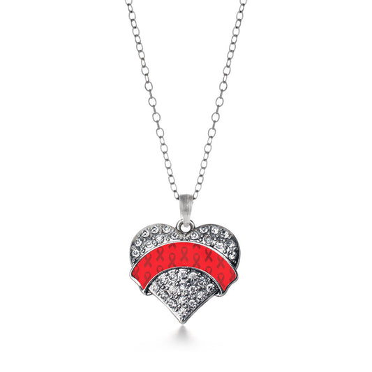 Silver Red Ribbon Support Pave Heart Charm Classic Necklace
