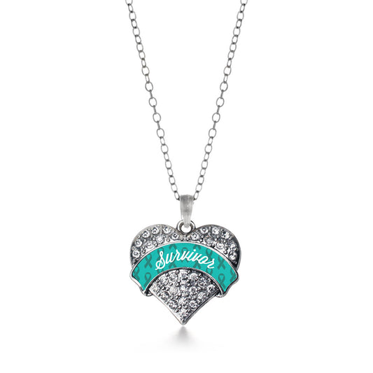 Silver Teal Survivor Pave Heart Charm Classic Necklace