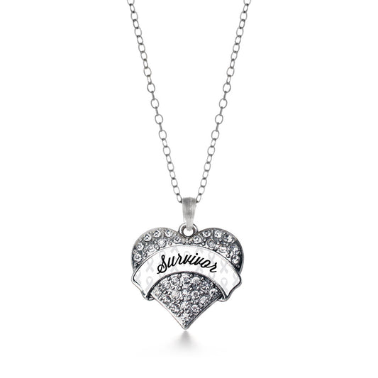 Silver White Survivor Pave Heart Charm Classic Necklace