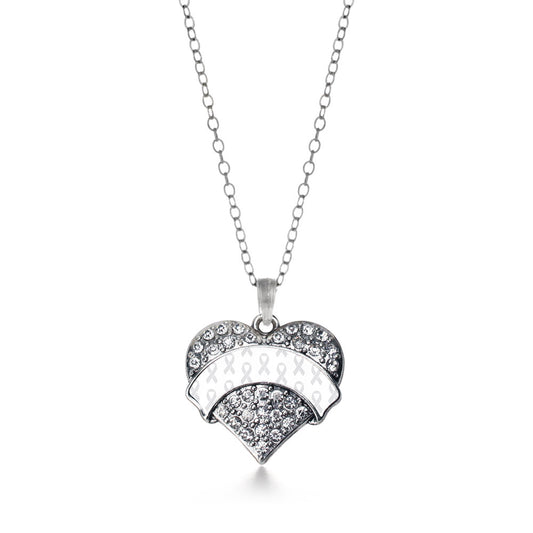 Silver White Ribbon Support Pave Heart Charm Classic Necklace