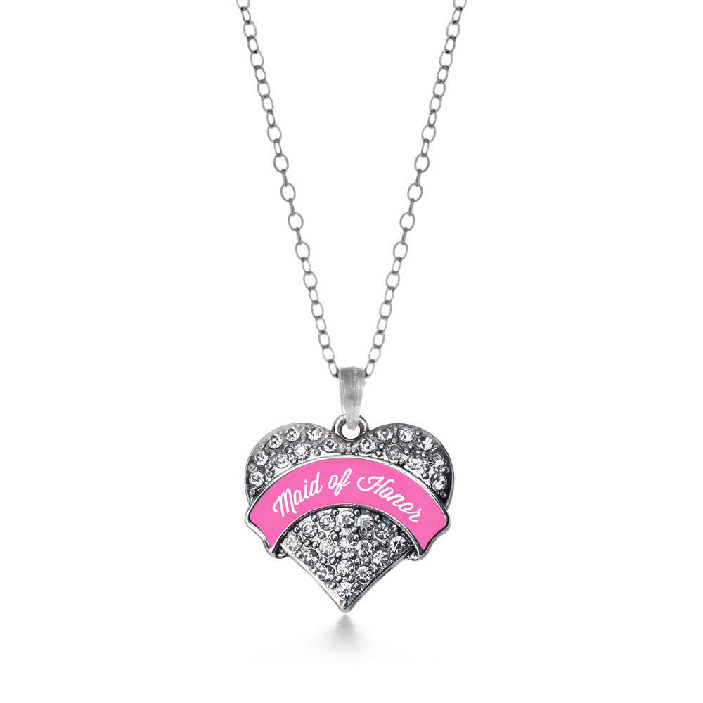Silver Pink Maid of Honor Pave Heart Charm Classic Necklace