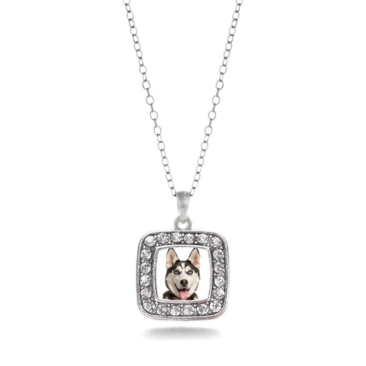 Silver Siberian Husky Square Charm Classic Necklace