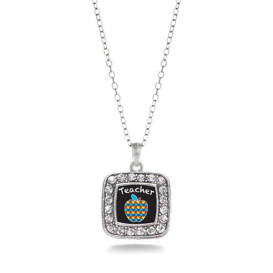 Silver Autism Apple Square Charm Classic Necklace
