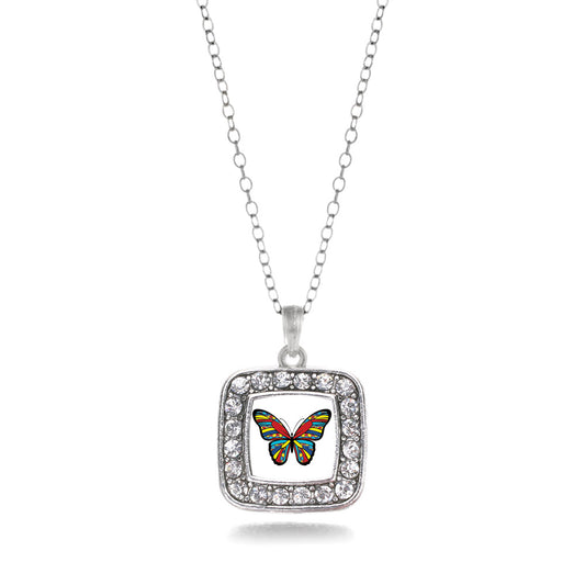 Silver Autism Awareness Butterfly Square Charm Classic Necklace