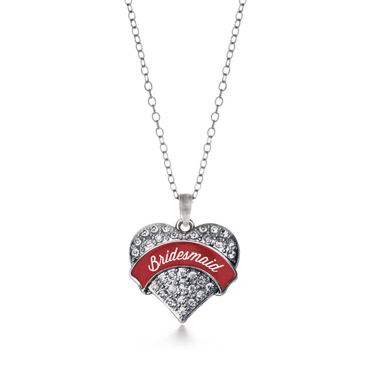 Silver Crimson Red Bridesmaid Pave Heart Charm Classic Necklace